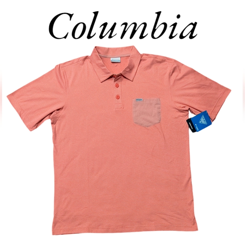 COLUMBIA Mens Polo salmon & white striped short sleeve collar T-shirt PFG NWT!